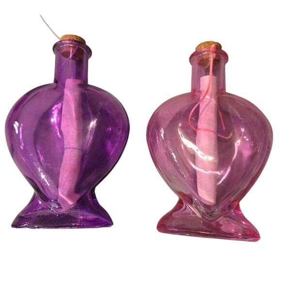 Set of 2 Glass Heart Message in A Bottle w Love notes and corks - Picture 1 of 5